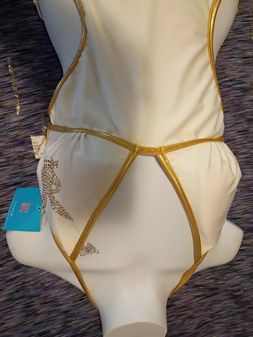 PLAYBOY White One-Piece Swimsuit with Gold Trim and Crystal Bunny